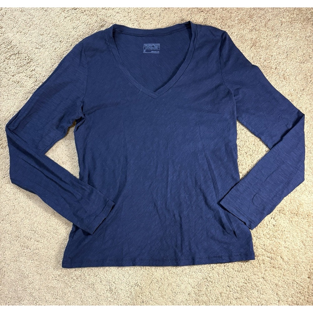 Patagonia V-Neck Long Sleeve Shirt Women Medium Navy Long Sleeves